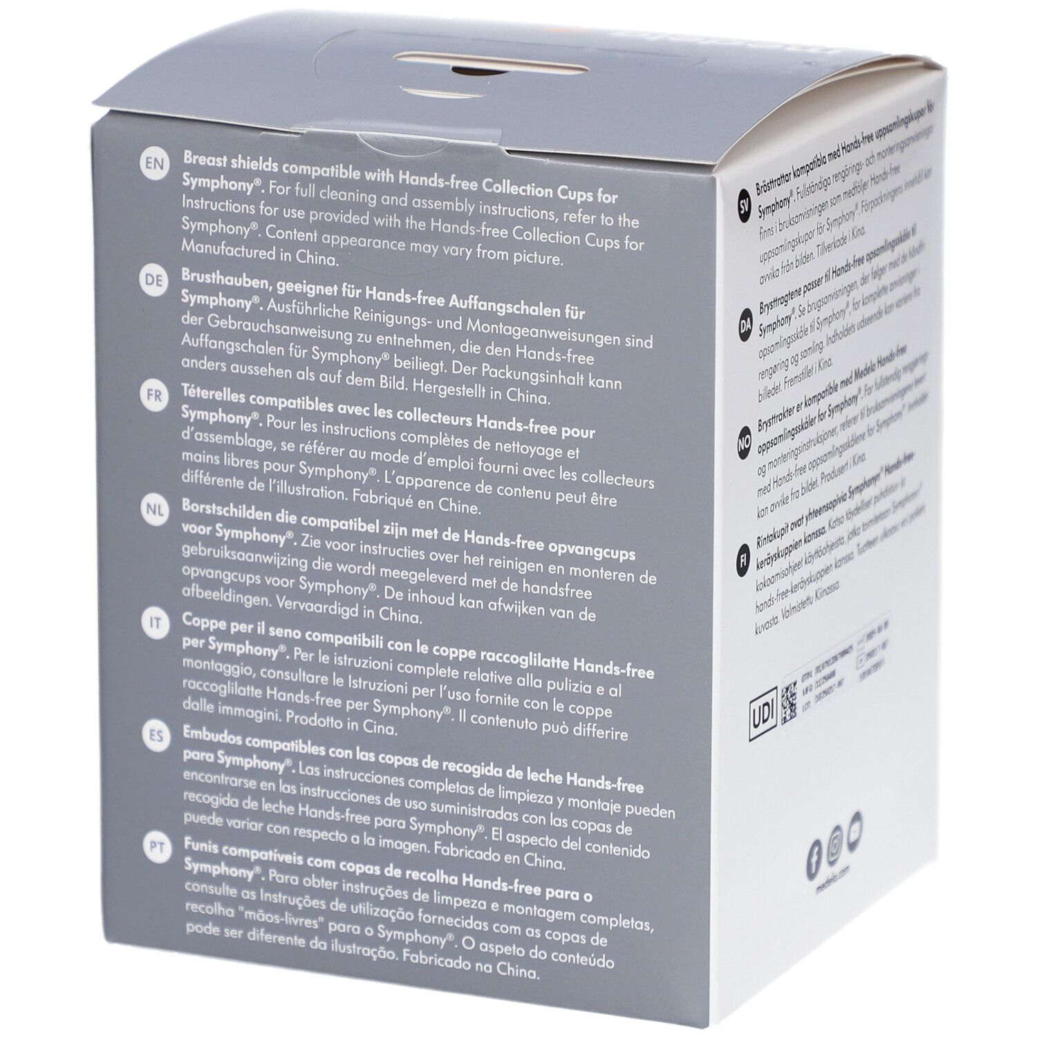 Emballage Medela avec texte multilingue. Contient des informations sur les protège-seins. Code UDI et coordonnées.
