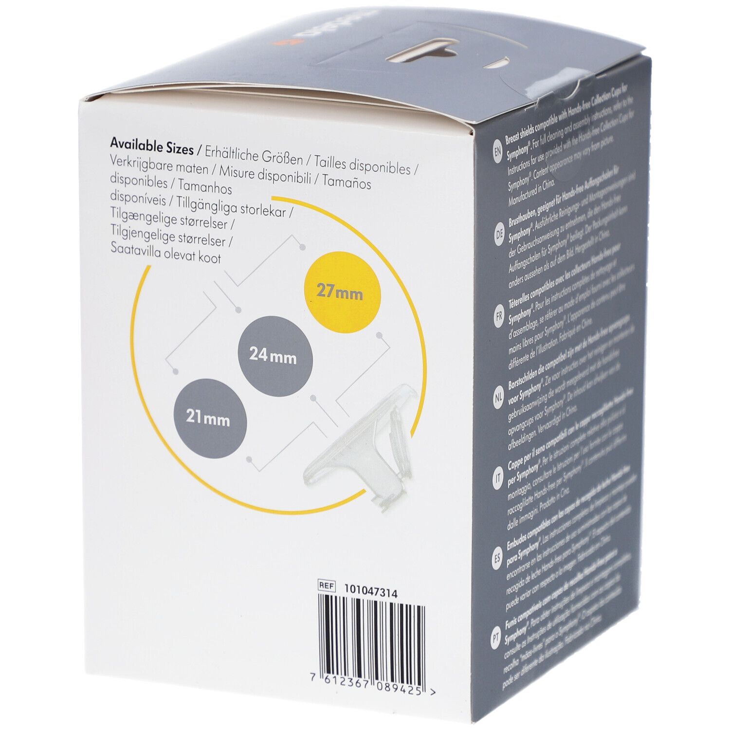 Emballage Medela avec tailles disponibles : 21 mm, 24 mm, 27 mm. Nom et logo du produit visibles. Code-barres et référence.