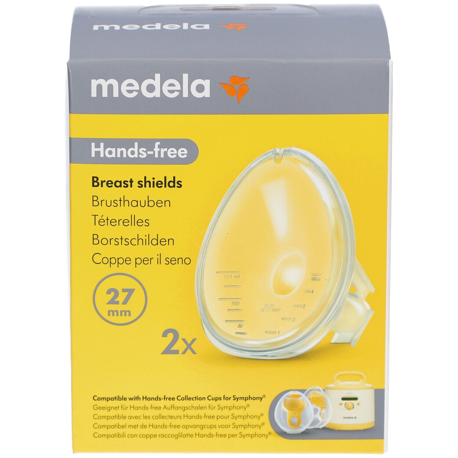 Medela protège-seins mains libres, 27 mm, en boîte. Protège-seins jaune et emballage jaune. Nom du produit et logo visibles.