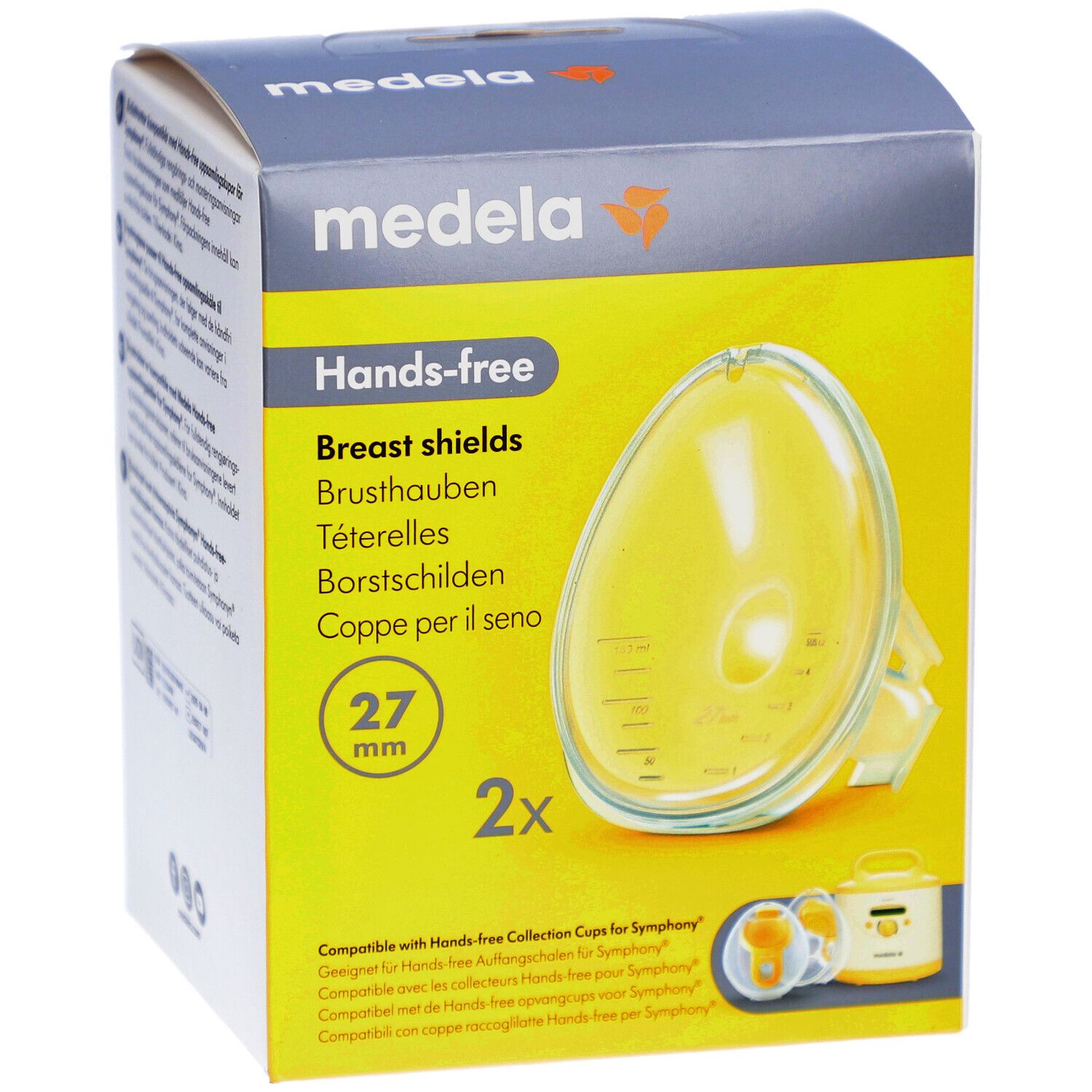 Medela protège-seins mains libres, 27 mm, en boîte. Protège-seins jaune et emballage jaune. Nom du produit et logo visibles.