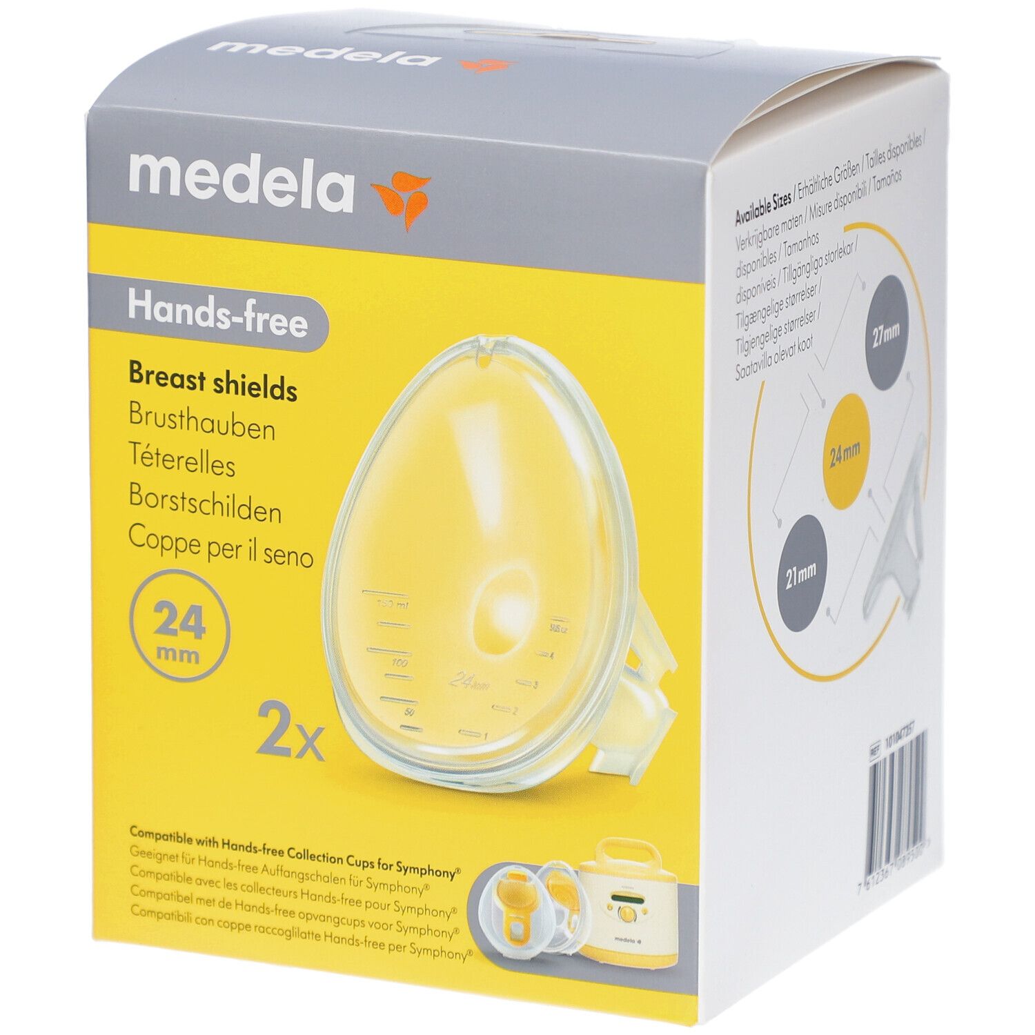 Boîte Medela Hands-free, protège-seins 24 mm. Contient deux protège-seins. Forme ovale jaunâtre. Logo Medela en haut à gauche.
