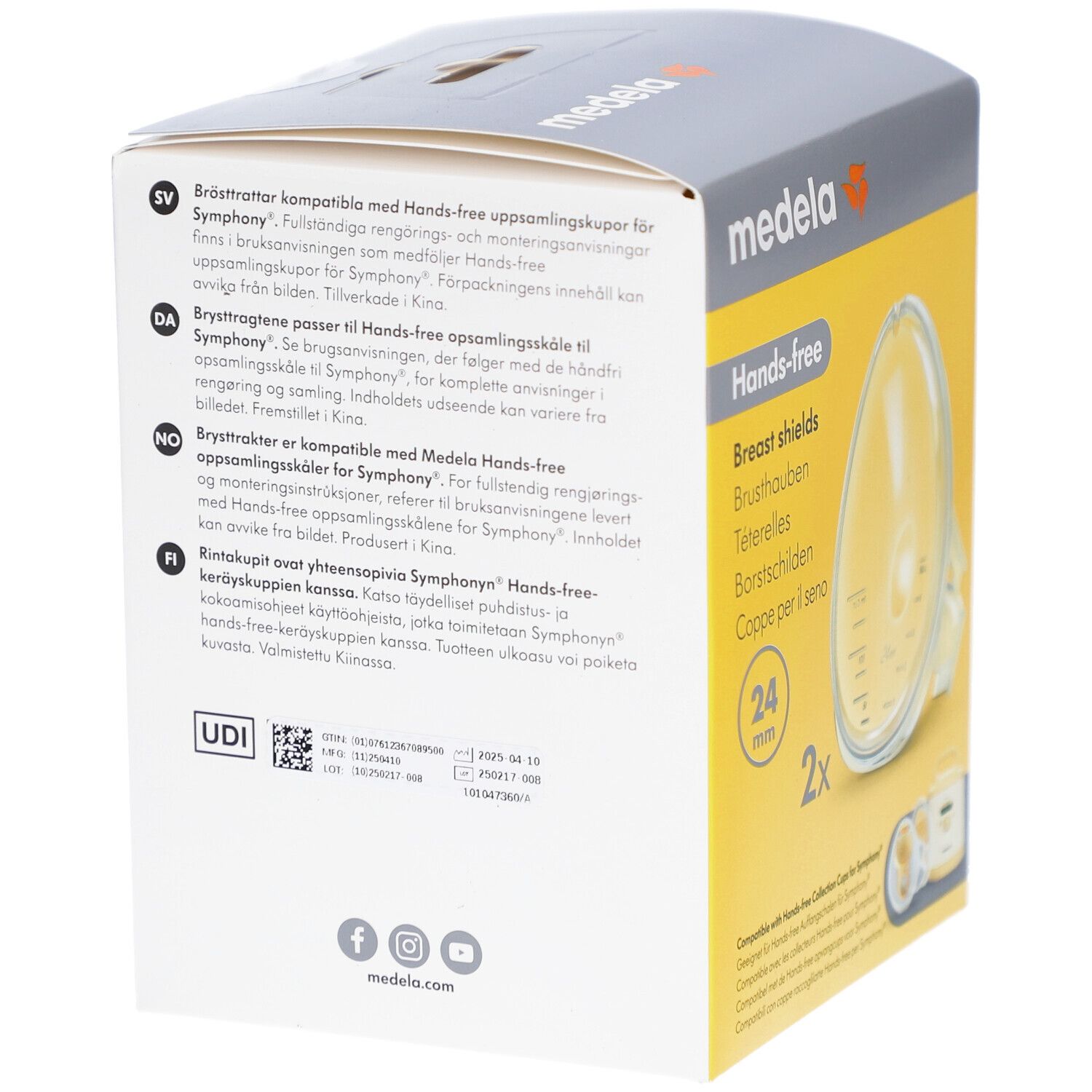 Dos de la boîte avec texte multilingue. Informations sur les protège-seins. Logo Medela en haut à droite.