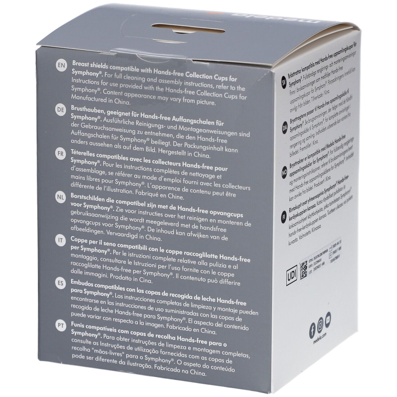 Côté de la boîte avec texte multilingue. Informations sur les protège-seins. Code UDI.