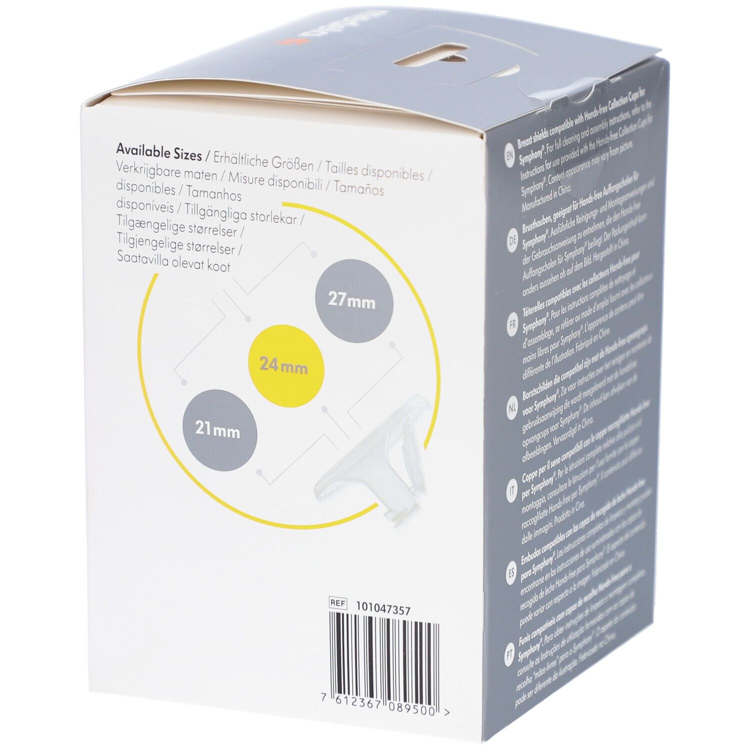 Côté de la boîte avec indications de tailles : 21 mm, 24 mm, 27 mm. Logo Medela. Numéro de référence.