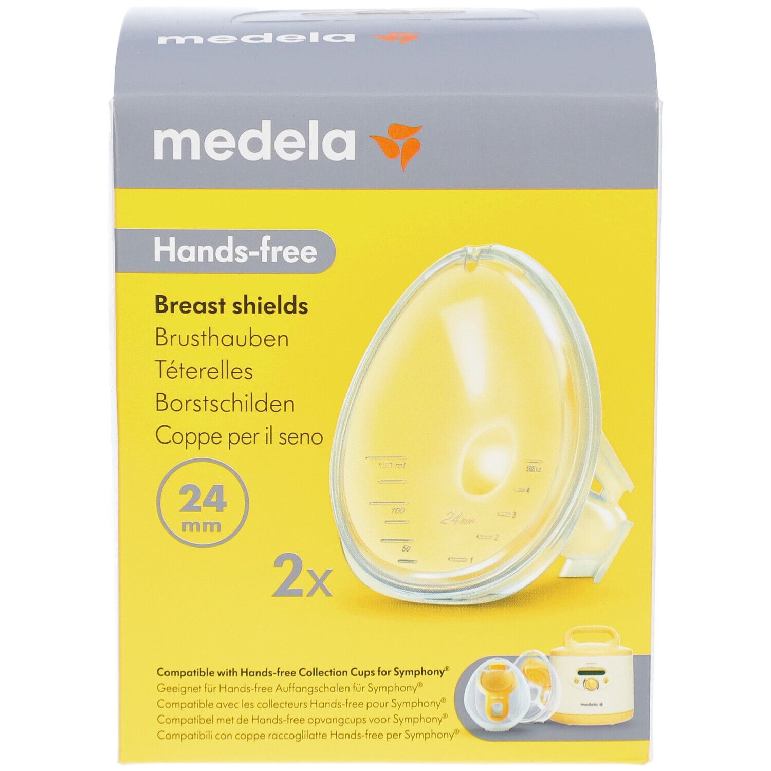 Face avant de la boîte. Medela Hands-free, protège-seins 24 mm. Deux protège-seins représentés. Forme ovale jaunâtre.
