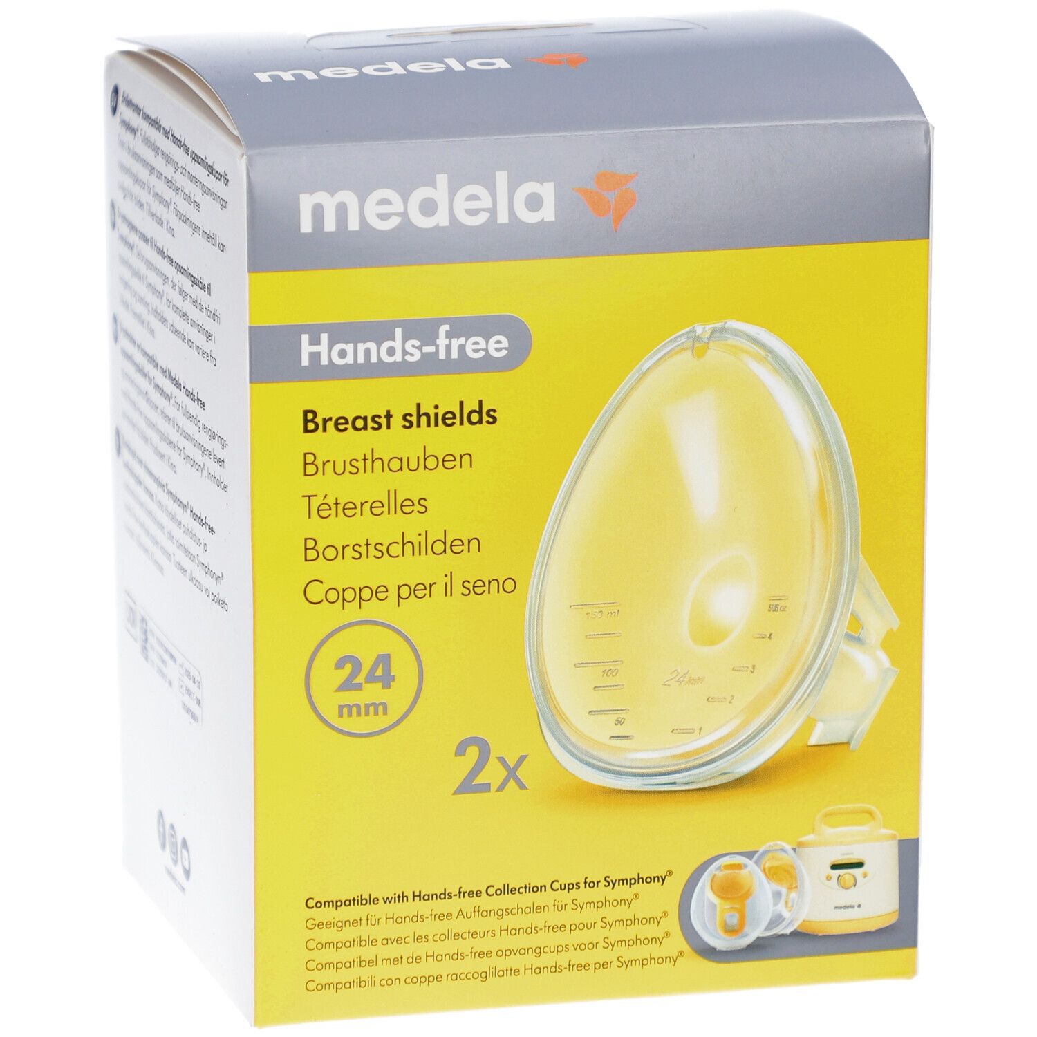 Face avant de la boîte. Medela Hands-free, protège-seins 24 mm. Deux protège-seins représentés. Forme ovale jaunâtre.