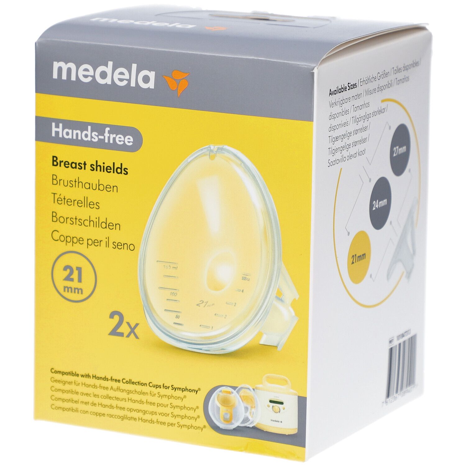 Boîte Medela Hands-free, protège-seins 21 mm. Forme ovale jaune. 2 pièces. Compatible avec les collecteurs Hands-free pour Symphony.