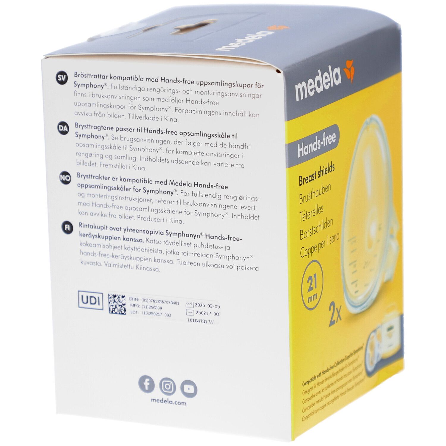 Dos de la boîte Medela Hands-free. Texte multilingue. Code UDI. Compatible avec les collecteurs Hands-free pour Symphony.