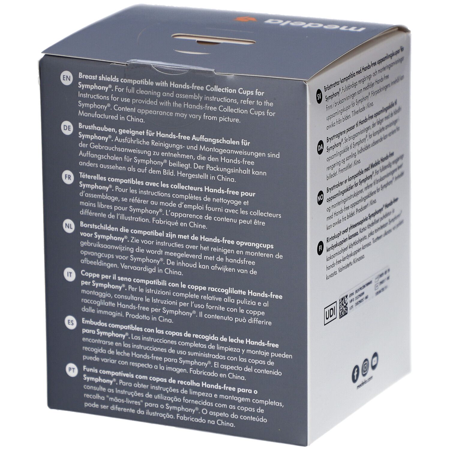 Dos de la boîte Medela Hands-free. Texte multilingue. Instructions de nettoyage et assemblage. Fabriqué en Chine.