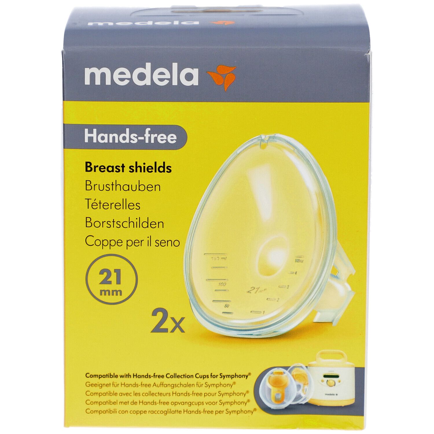 Boîte Medela Hands-free, protège-seins 21 mm. Forme ovale jaune. 2 pièces. Compatible avec les collecteurs Hands-free pour Symphony.