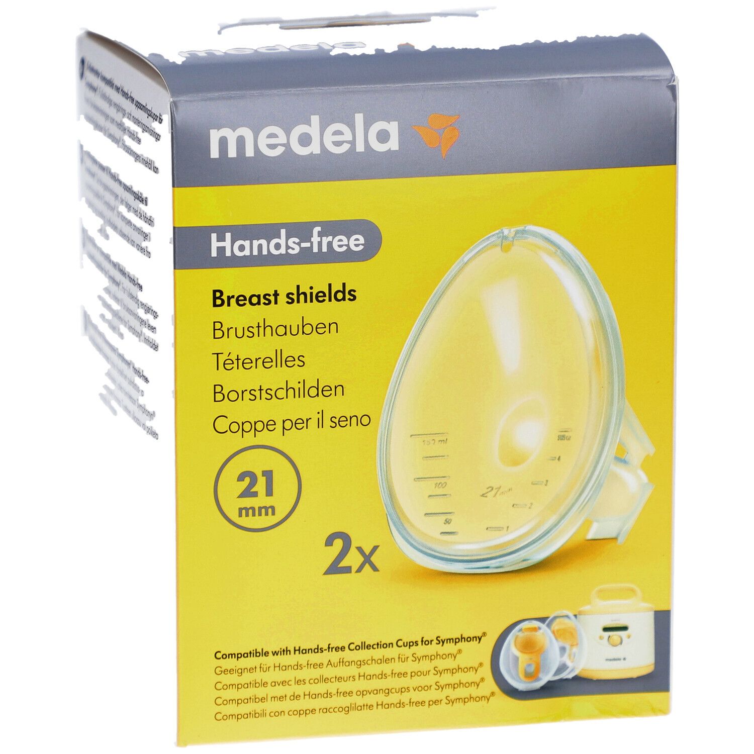 Boîte Medela Hands-free, protège-seins 21 mm. Forme ovale jaune. 2 pièces. Compatible avec les collecteurs Hands-free pour Symphony.