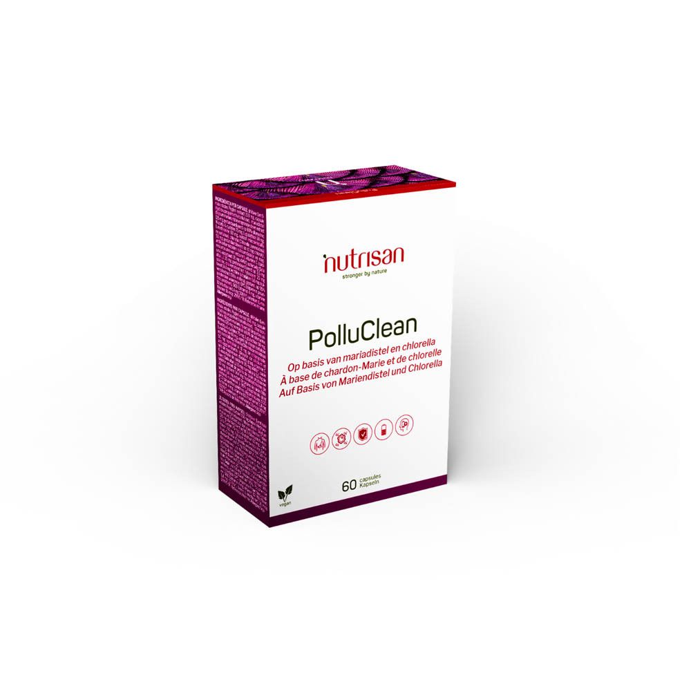 Boîte Nutrisan PolluClean. Inscription : 60 capsules. Logo vegan. Nom du produit et logo.