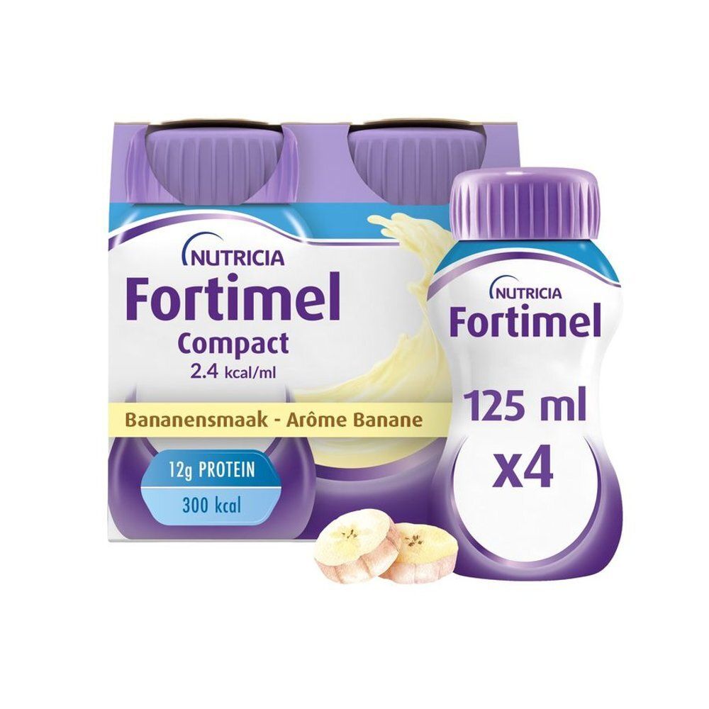 Fortimel Compact 2.4kcal Banane, 4 bouteilles. Bouteilles avec bouchons violets, tranches de banane à côté.