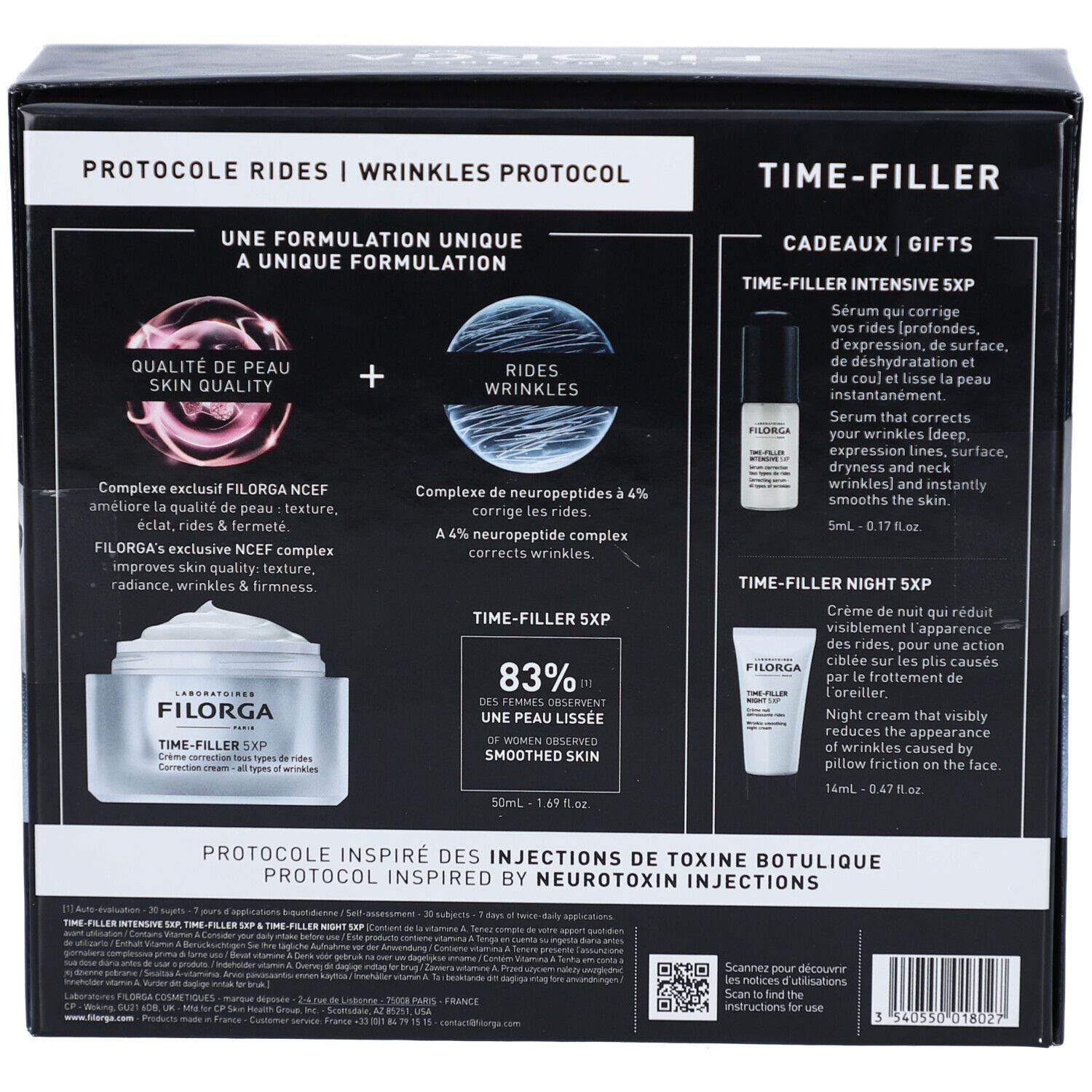 Dos du coffret cadeau Filorga Time-Filler. Informations textuelles, images de produits et codes QR.