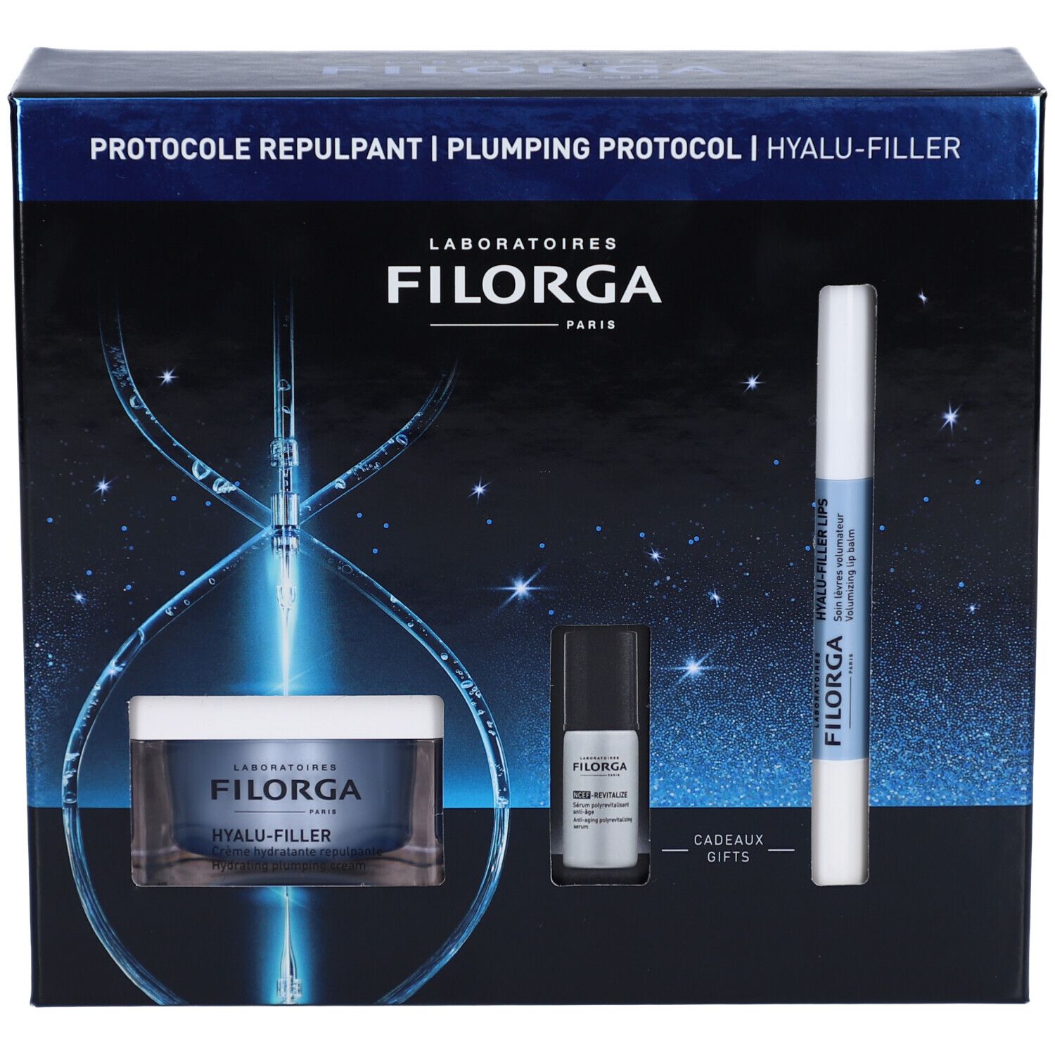 Coffret cadeau Filorga. Contient crème, sérum et baume à lèvres. Emballage bleu et blanc avec nom et logo du produit.