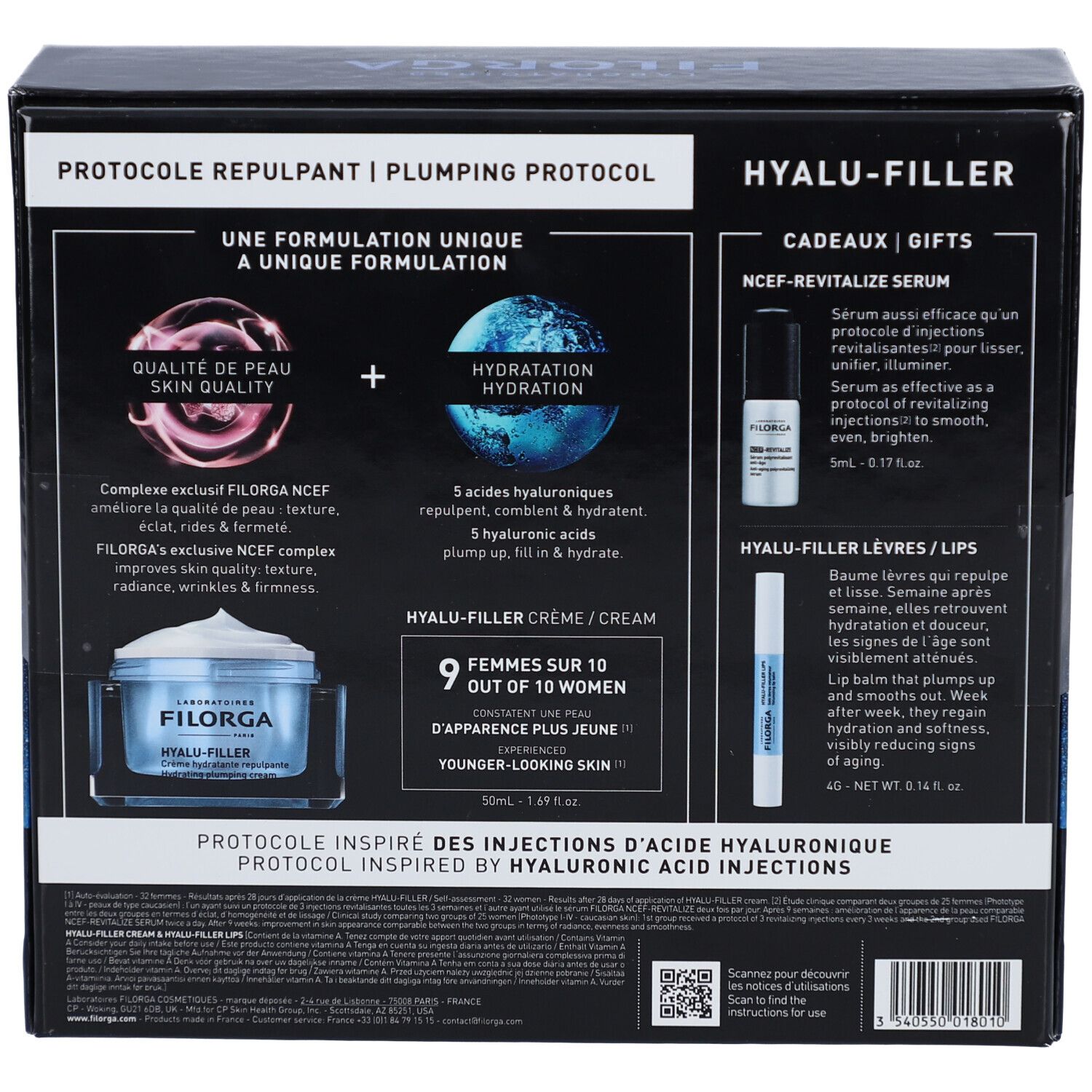 Dos du coffret cadeau Filorga. Contient informations sur le produit, ingrédients et instructions d'utilisation. Texte multilingue.