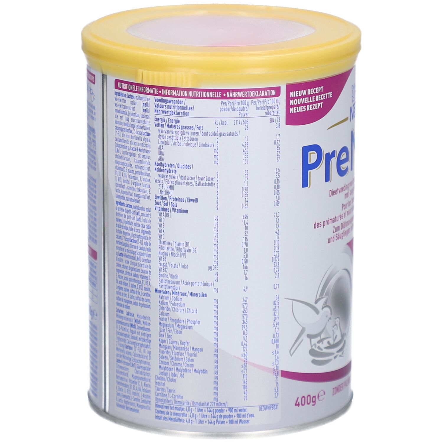 Dos de la boîte Nestlé PreNAN Stage 2. Contient des informations nutritionnelles et du texte en plusieurs langues. 400g.