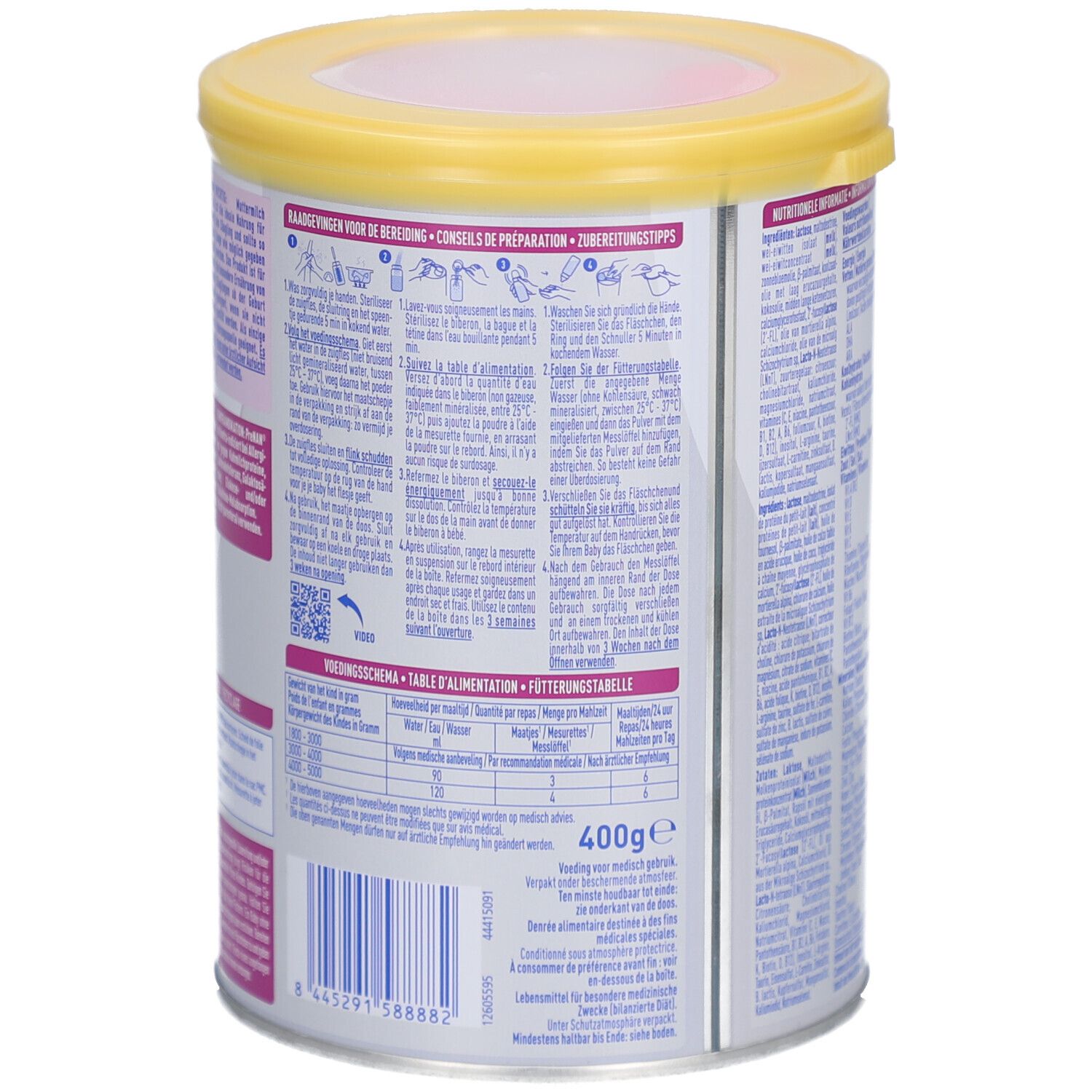 Dos de la boîte Nestlé PreNAN Stage 2. Instructions de préparation et tableau d'alimentation. 400g.