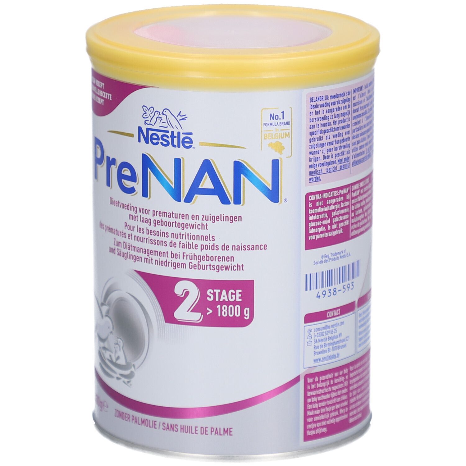 Boîte Nestlé PreNAN Stage 2, plus de 1800 g. Couvercle jaune, étiquette rose. Texte: Gestion diététique pour prématurés. 400g. Coordonnées.