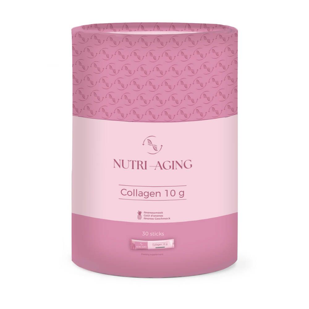 Boîte cylindrique rose. Inscription: NUTRI-AGING Collagen 10 g. 30 sticks. Logo.