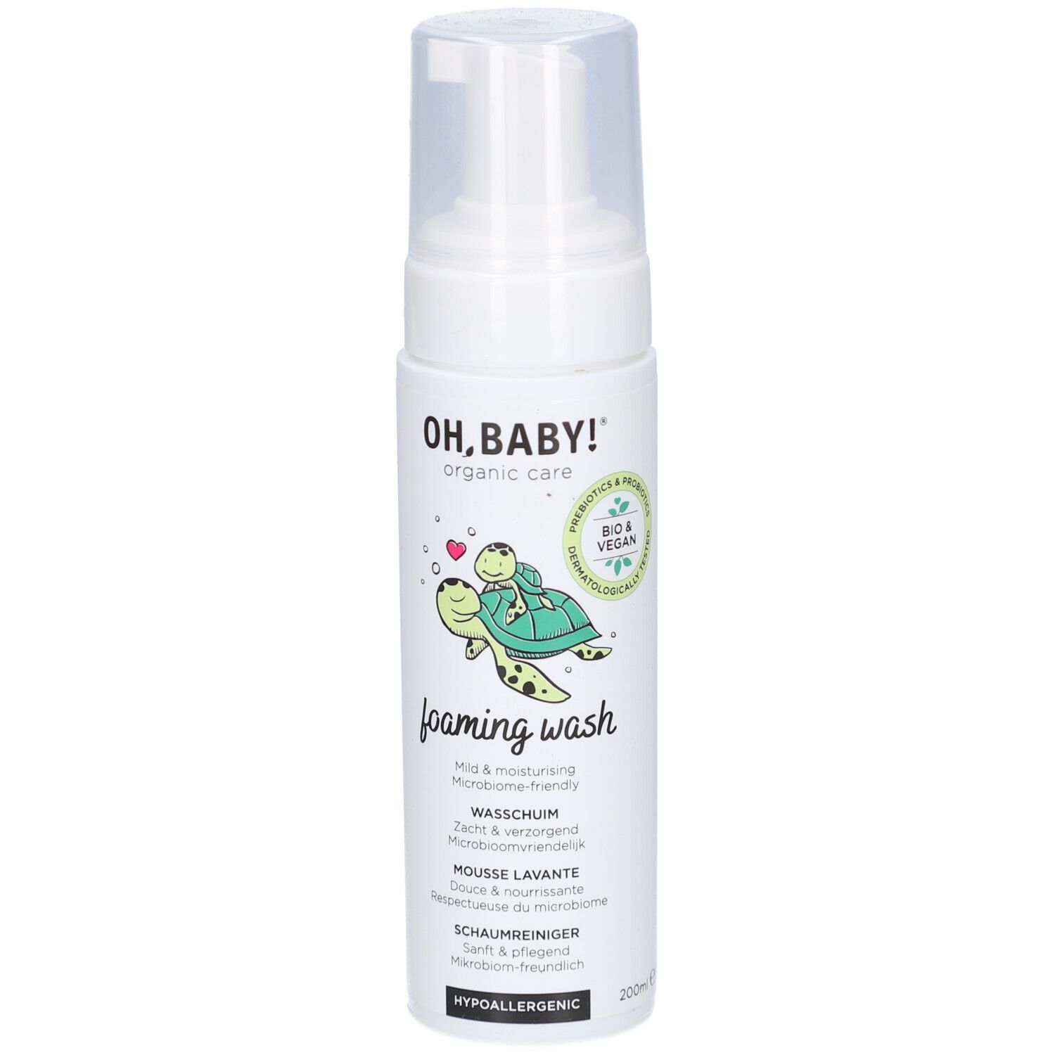 Flacon blanc avec pompe. Inscription: OH, BABY! organic care, foaming wash. Illustration d'une tortue. Label Bio & Vegan.