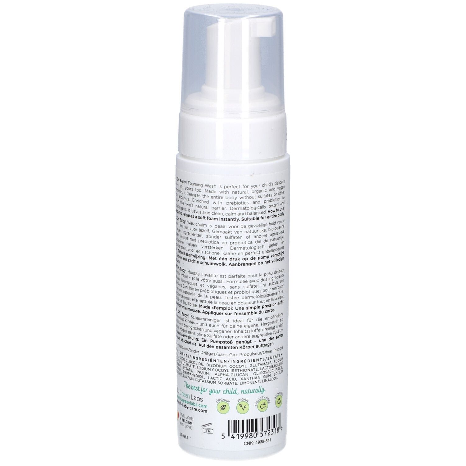 Flacon blanc avec pompe. Texte au dos. Contient des informations sur le produit et les ingrédients.