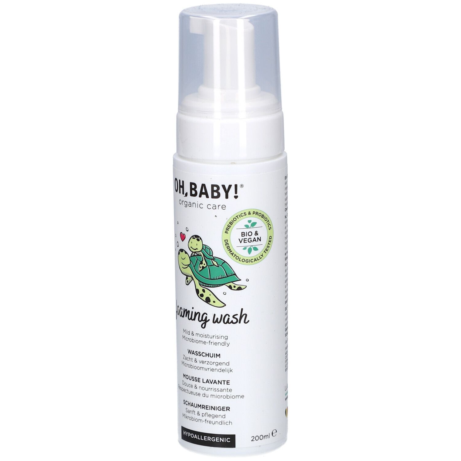Flacon blanc avec pompe. Inscription: OH, BABY! organic care, foaming wash. Illustration d'une tortue. Label Bio & Vegan.