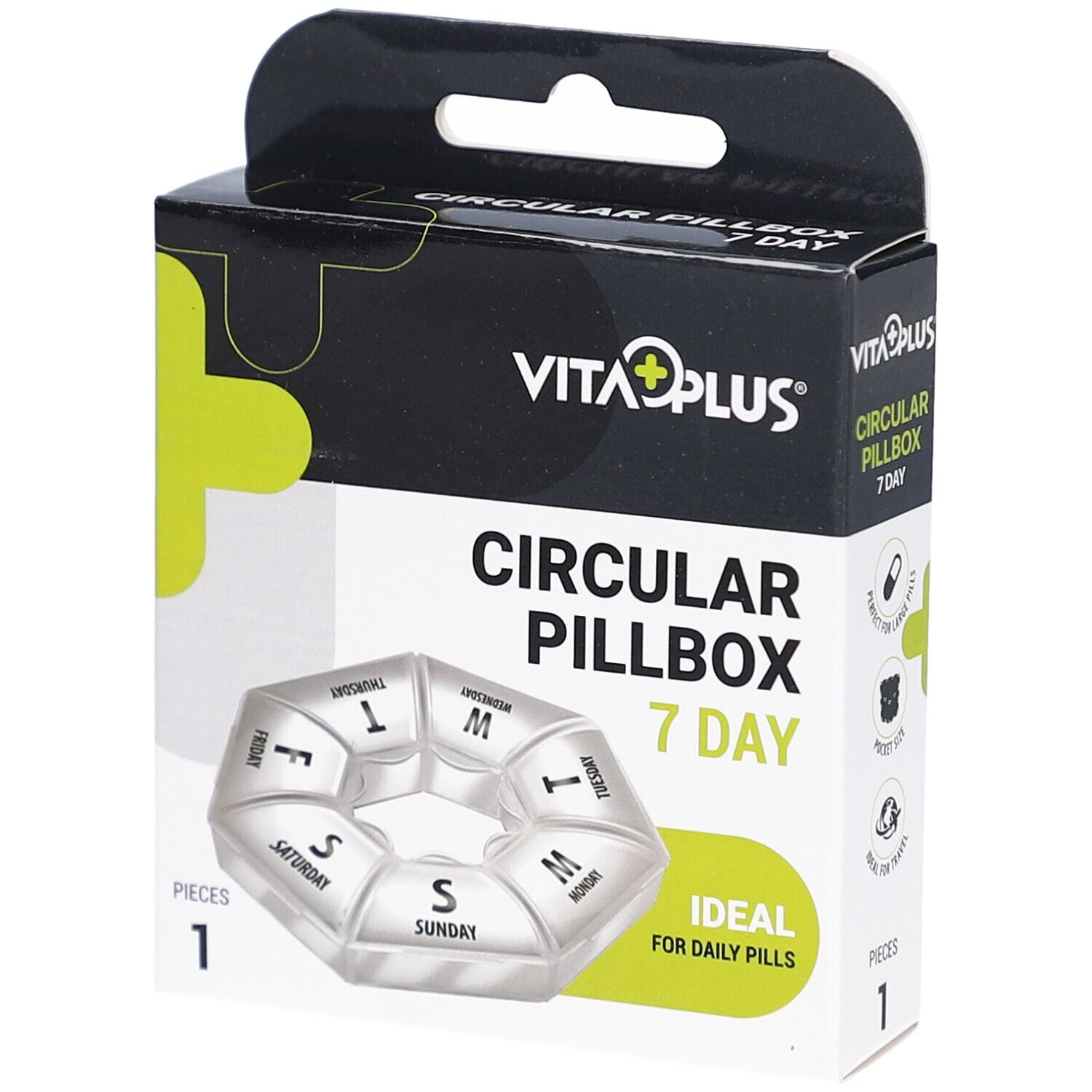 Boîte à pilules circulaire 7 jours. Emballage noir avec logo et nom du produit. Idéal pour les pilules quotidiennes.