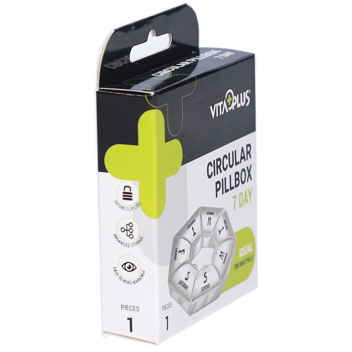 Boîte à pilules dans son emballage. Emballage noir avec logo et nom du produit. Boîte 7 jours avec compartiments.