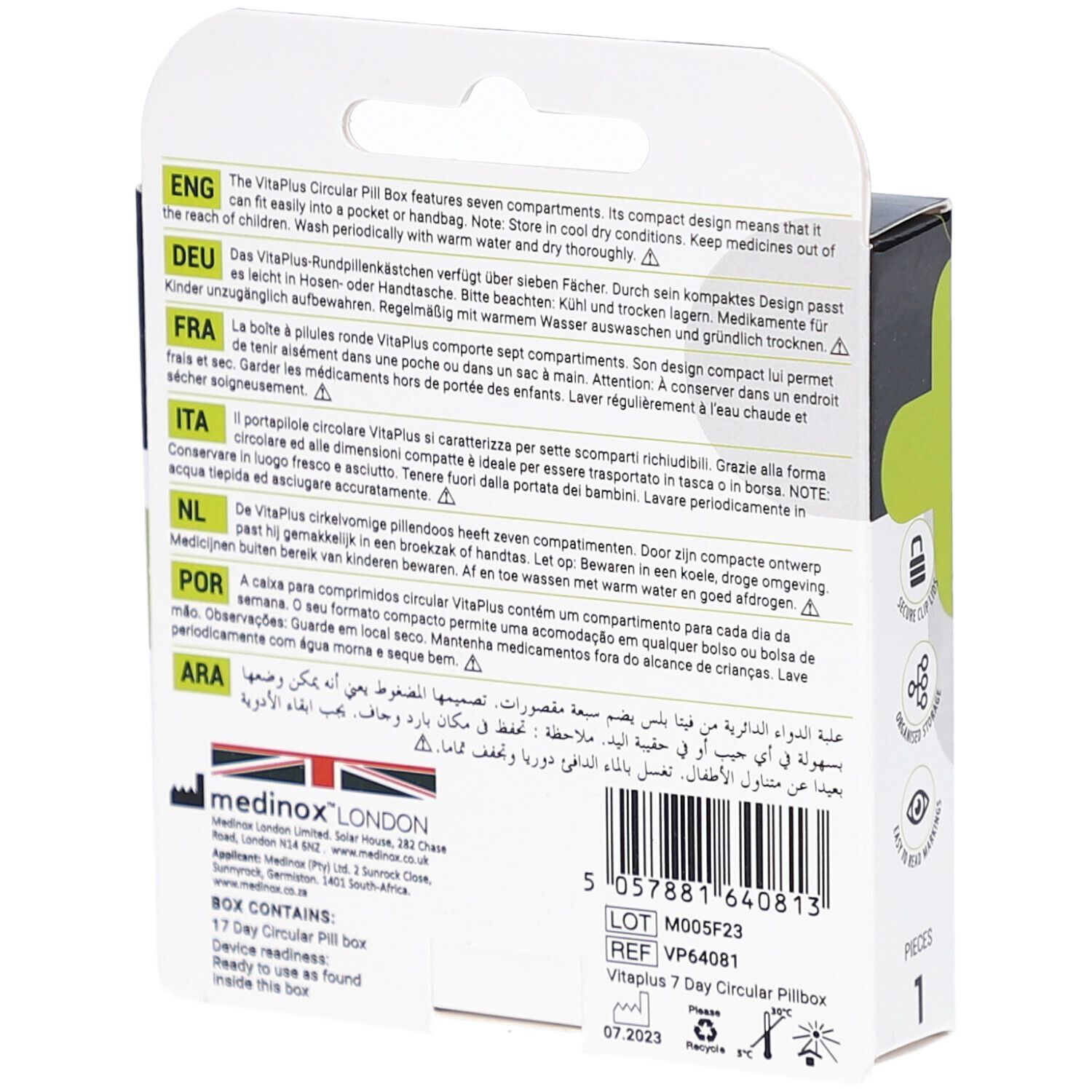 Dos de l'emballage. Texte multilingue. Informations sur le produit et le fabricant.