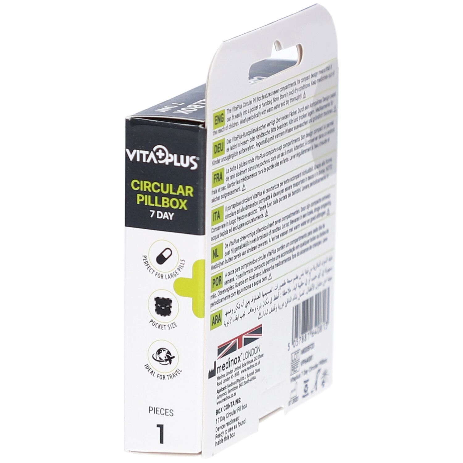 Emballage avec informations produit. Emballage noir avec logo et texte. Idéal pour les voyages.