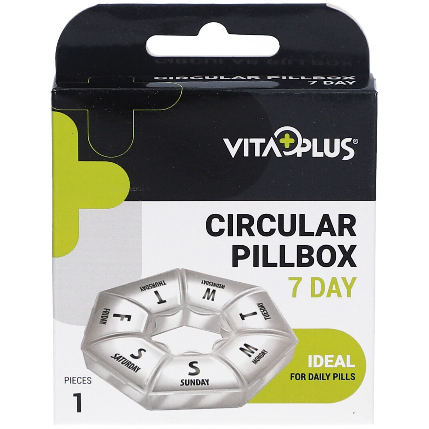 Boîte à pilules 7 jours. Emballage noir avec logo et nom du produit. Idéal pour les pilules quotidiennes.