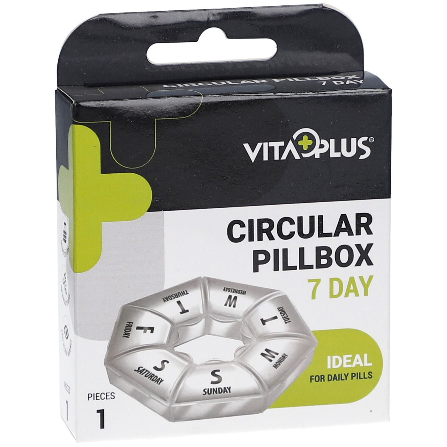 Boîte à pilules 7 jours. Emballage noir avec logo et nom du produit. Idéal pour les pilules quotidiennes.