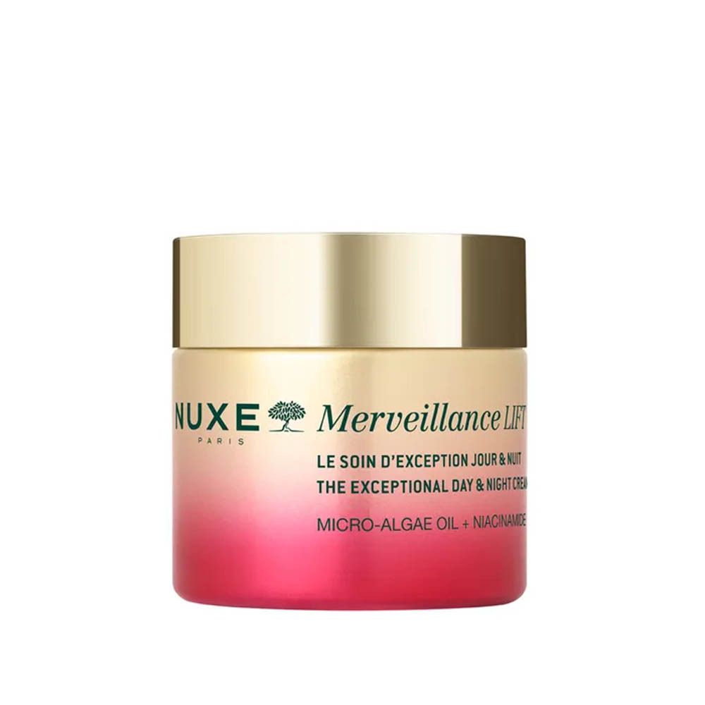 Pot de crème avec couvercle argenté. Inscription NUXE, Merveillance LIFT, Le Soin d'Exception Jour & Nuit. Dégradé or-rose.