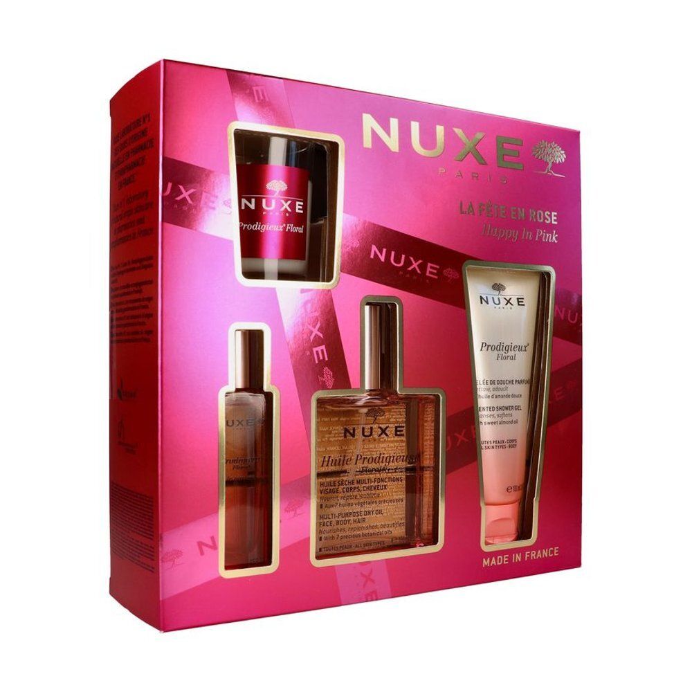 Arrière d'un coffret cadeau Nuxe avec informations produit et logos.