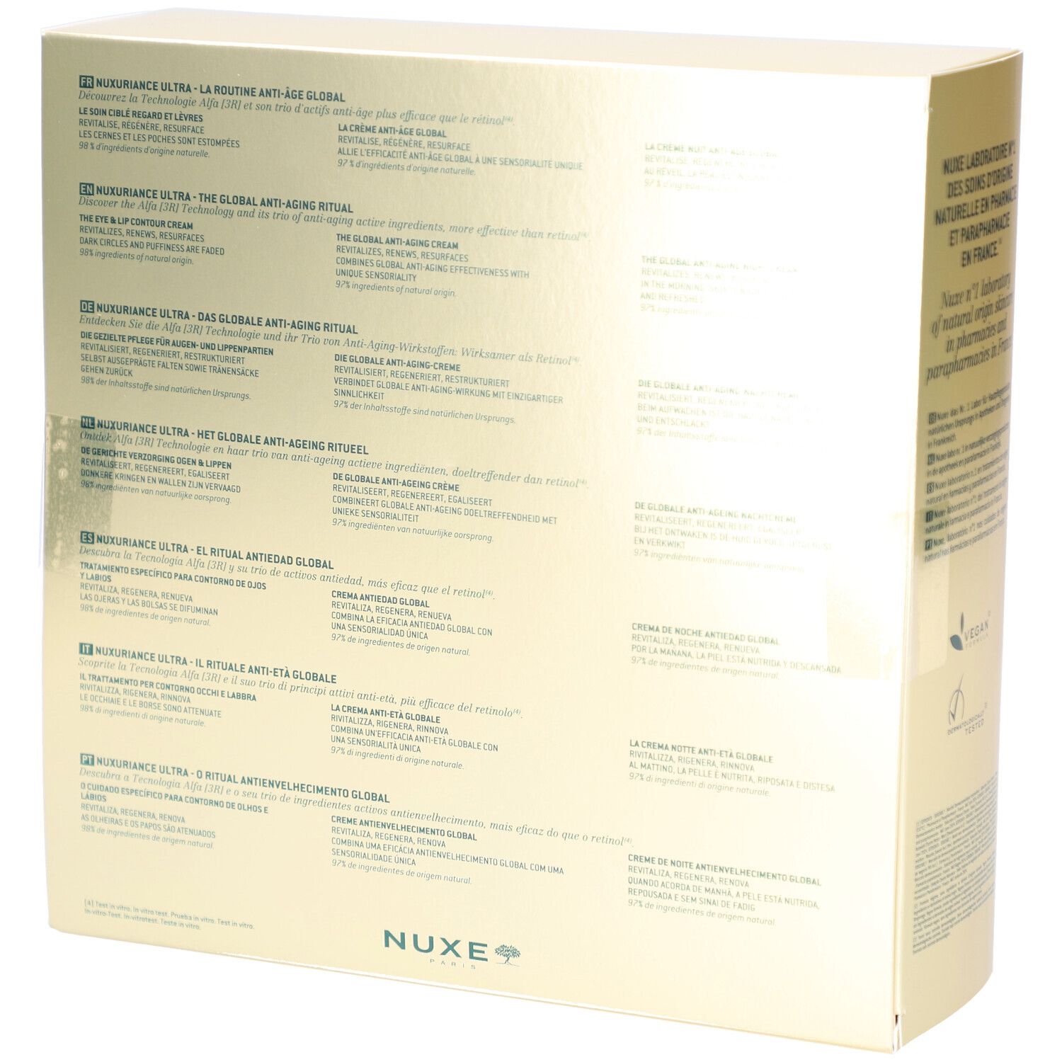 Dos du coffret cadeau avec texte en plusieurs langues. Contient des informations sur le produit et le logo Nuxe.