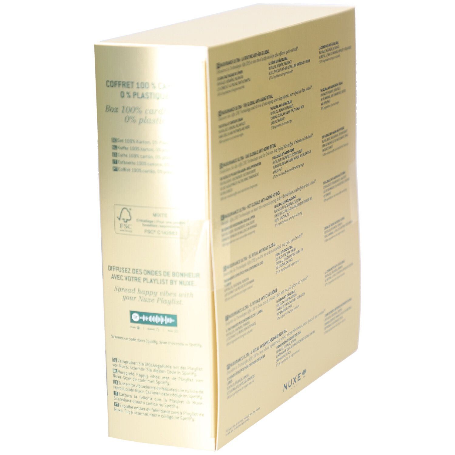 Dos du coffret cadeau avec texte et logos. Contient des informations sur l'emballage et le logo Nuxe.