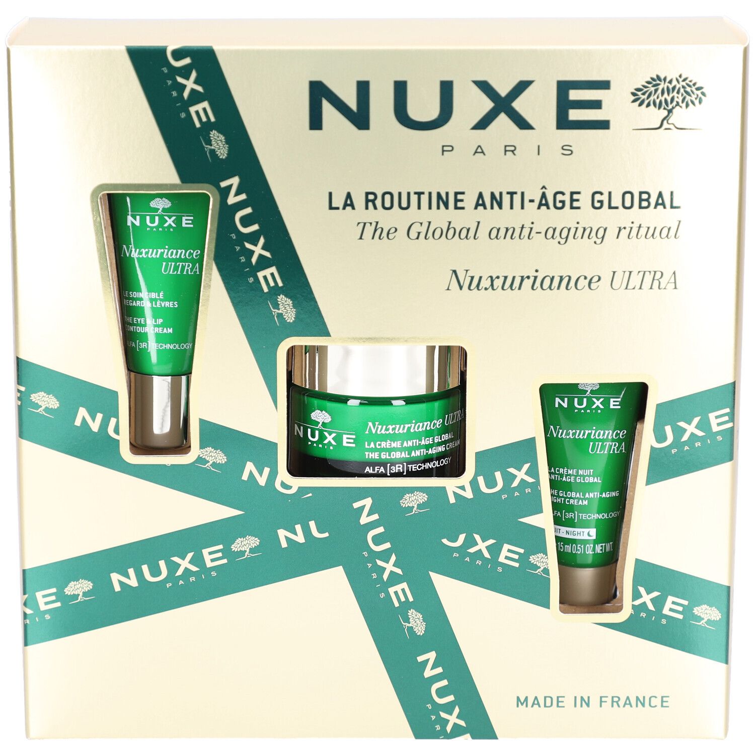 Coffret cadeau Nuxe avec trois produits. Contient des crèmes et des tubes. Emballage avec des accents verts et le nom du produit.
