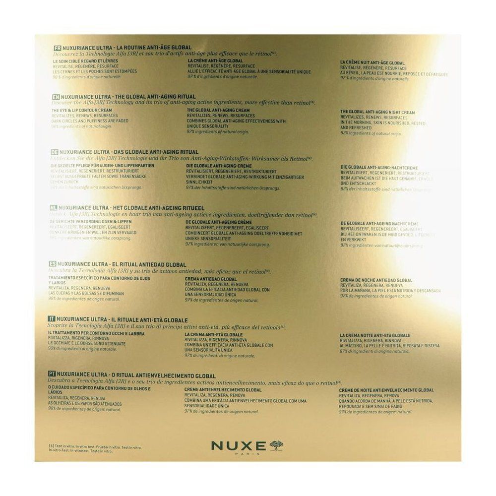 Vue latérale de l'emballage cadeau NUXE avec descriptions détaillées du produit.