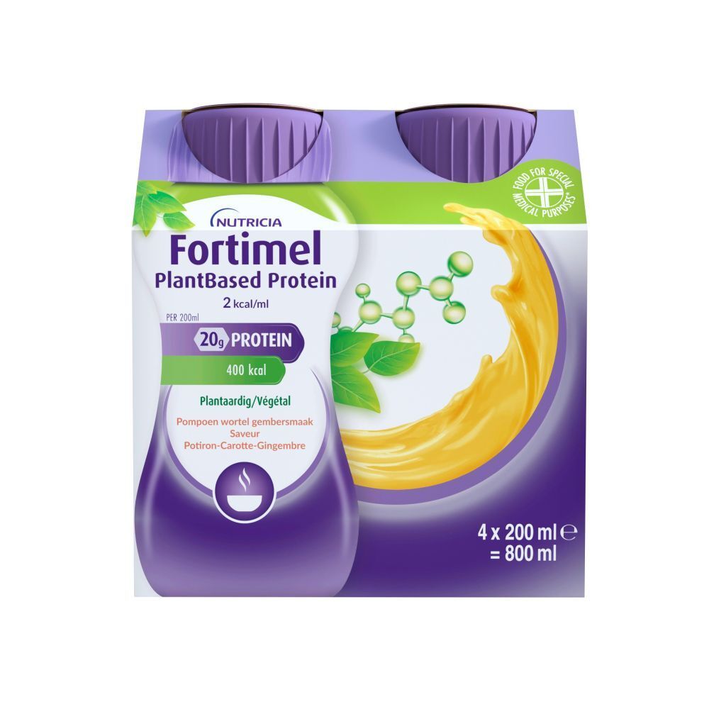 Emballage de 4 bouteilles Fortimel PlantBased Protein. Bouchons violets, éléments verts et jaunes. 20g protéines, 400 kcal.