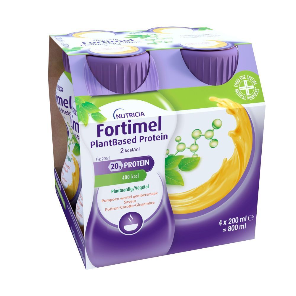 Emballage de 4 bouteilles Fortimel PlantBased Protein. Bouchons violets, éléments verts et jaunes. 20g protéines, 400 kcal.