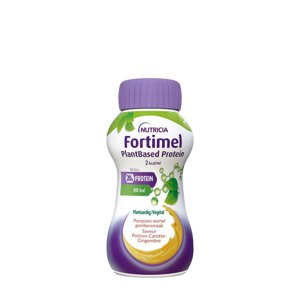 Bouteille unique Fortimel PlantBased Protein. Bouchon violet, éléments verts et jaunes. 20g protéines, 400 kcal.