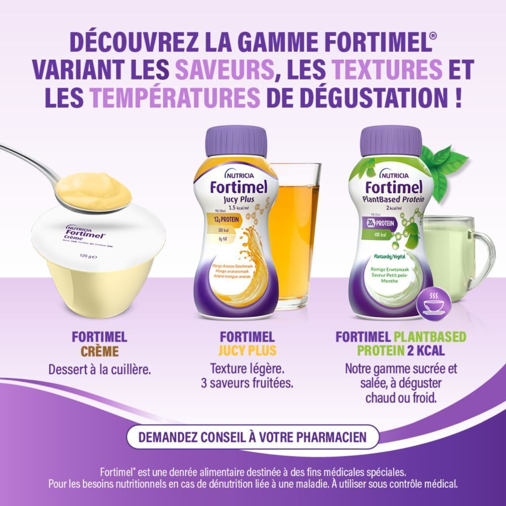 Emballage de 4 bouteilles Fortimel PlantBased Protein. Bouchons violets, éléments verts et jaunes. 20g protéines, 400 kcal.
