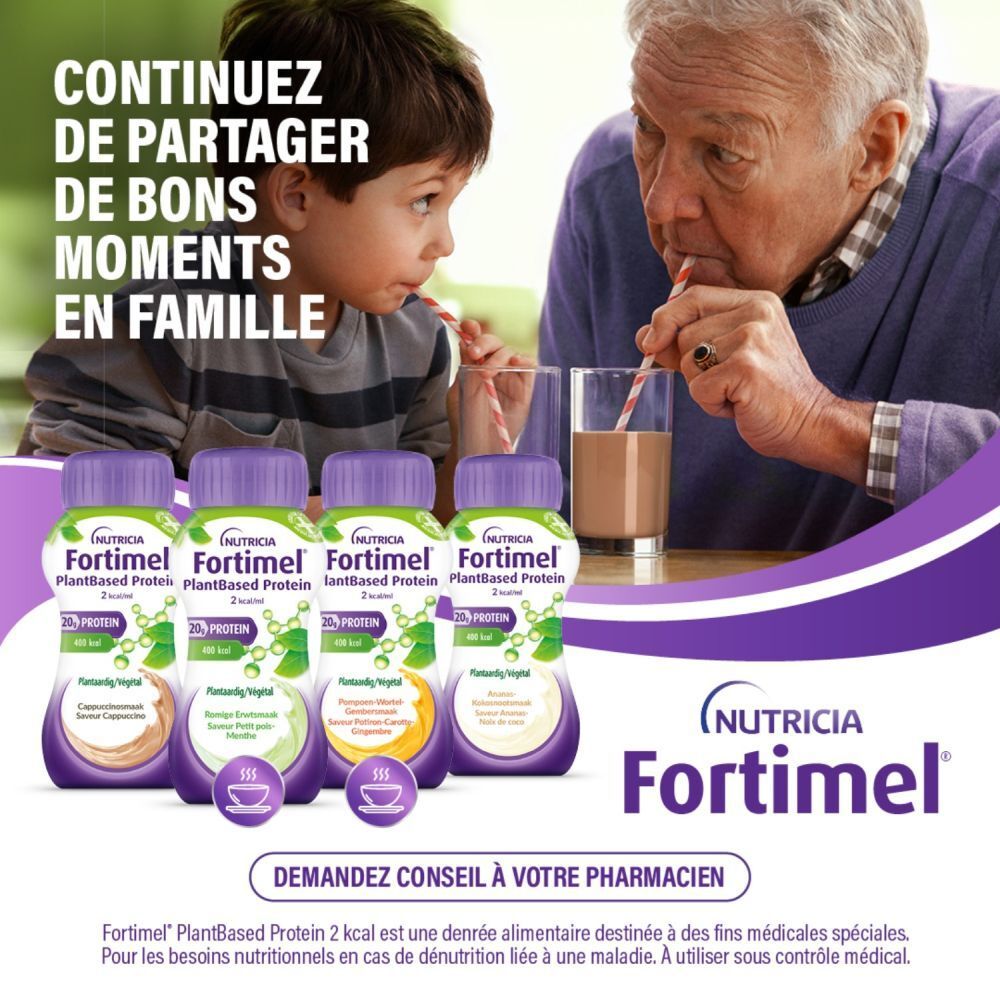 Emballage de 4 bouteilles Fortimel PlantBased Protein. Bouchons violets, éléments verts et jaunes. 20g protéines, 400 kcal.