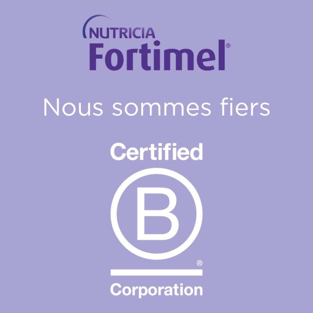 Emballage de 4 bouteilles Fortimel PlantBased Protein. Bouchons violets, éléments verts et jaunes. 20g protéines, 400 kcal.