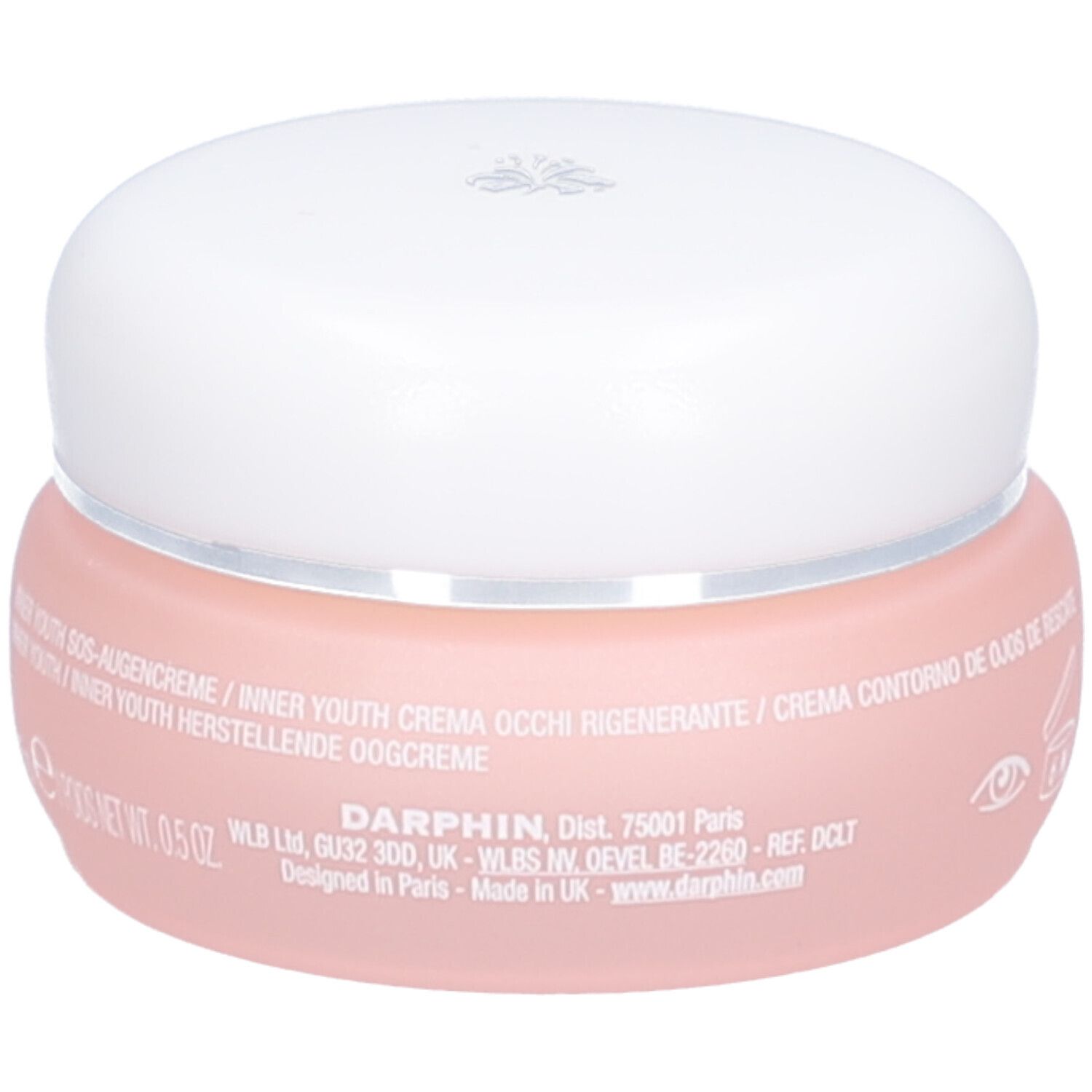 Pot rose avec couvercle blanc. Inscription: Inner Youth Augencreme. Logo Darphin et texte.