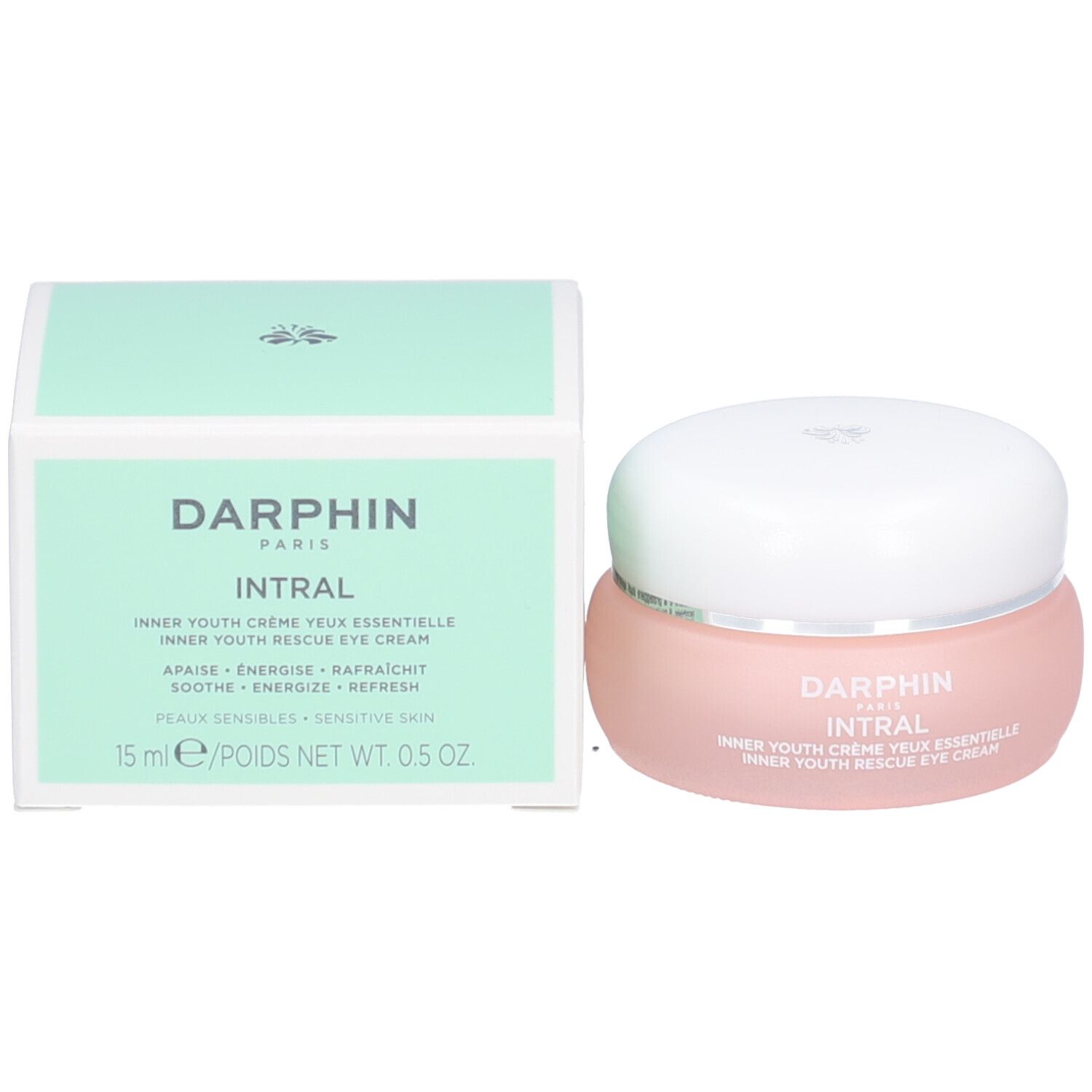Emballage du produit avec pot et boîte. Inscription: Darphin Intral Crème Yeux. 15 ml.