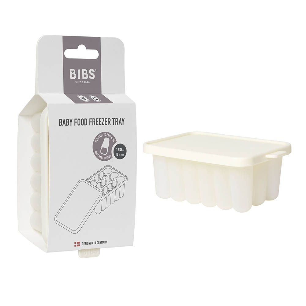 BIBS Baby Food Freezer Tray et emballage. Récipient blanc avec couvercle, à côté de la boîte ouverte. Logo visible.