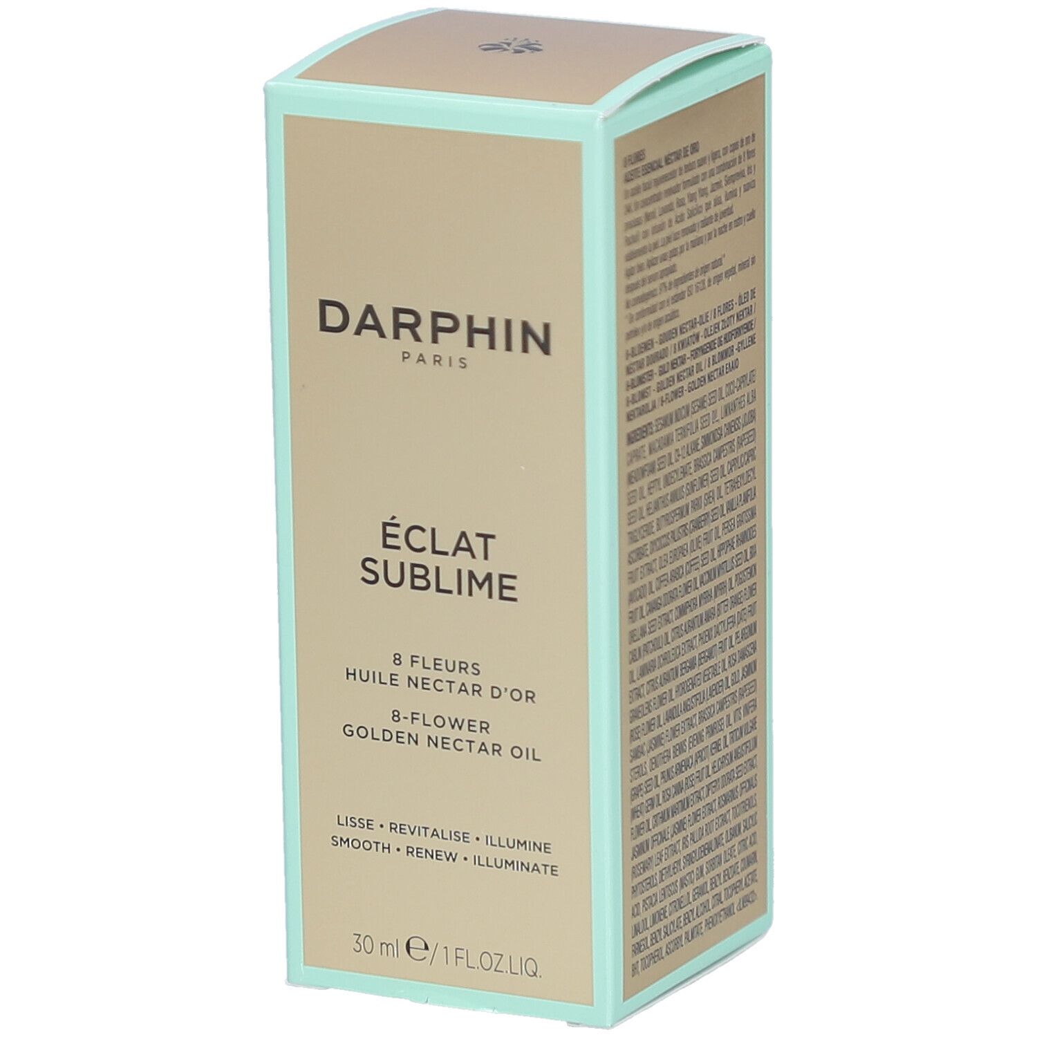 Boîte Darphin. Inscription : Eclat Sublime, 8 Fleurs, Huile Nectar d'Or. 30 ml. Cadre menthe.