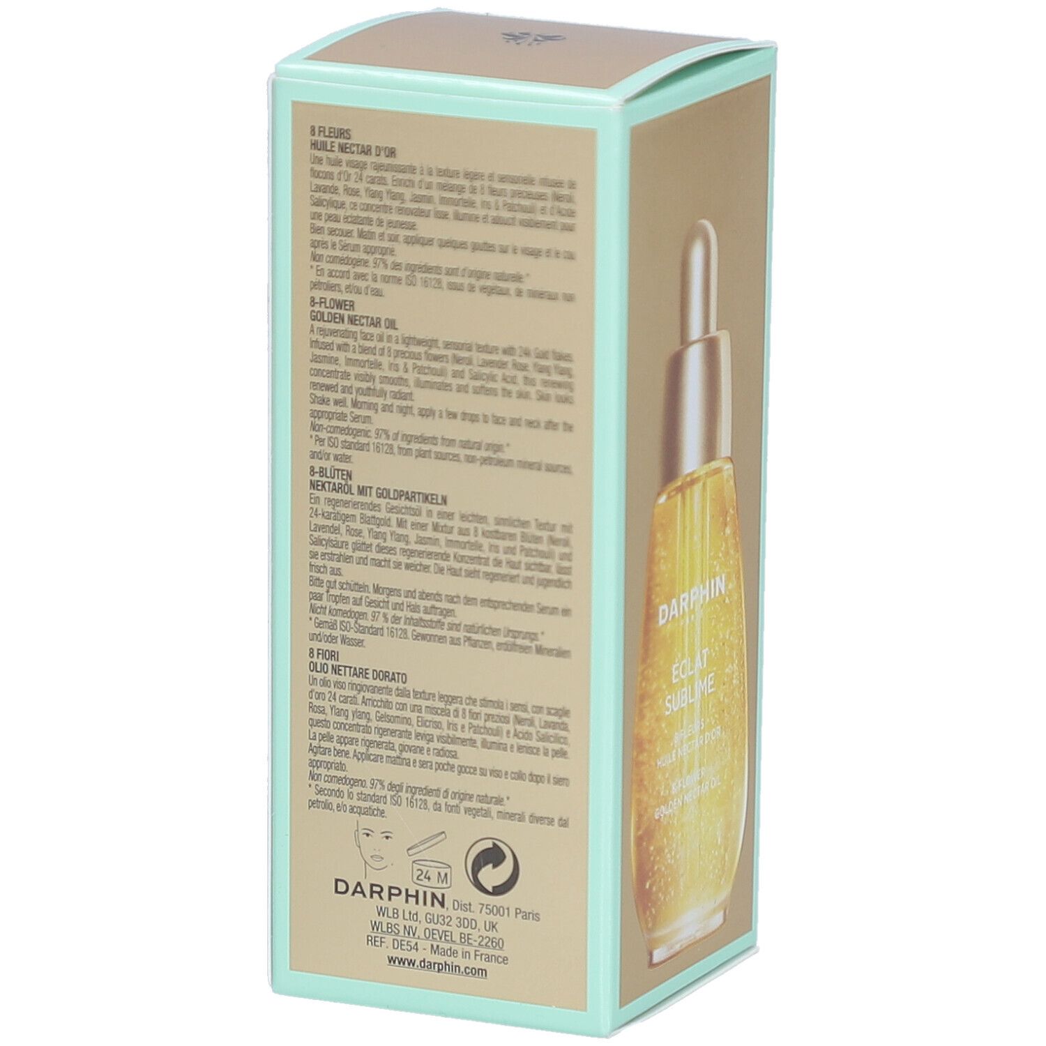 Dos de la boîte Darphin. Texte multilingue. Image du produit. Ingrédients et instructions d'utilisation.